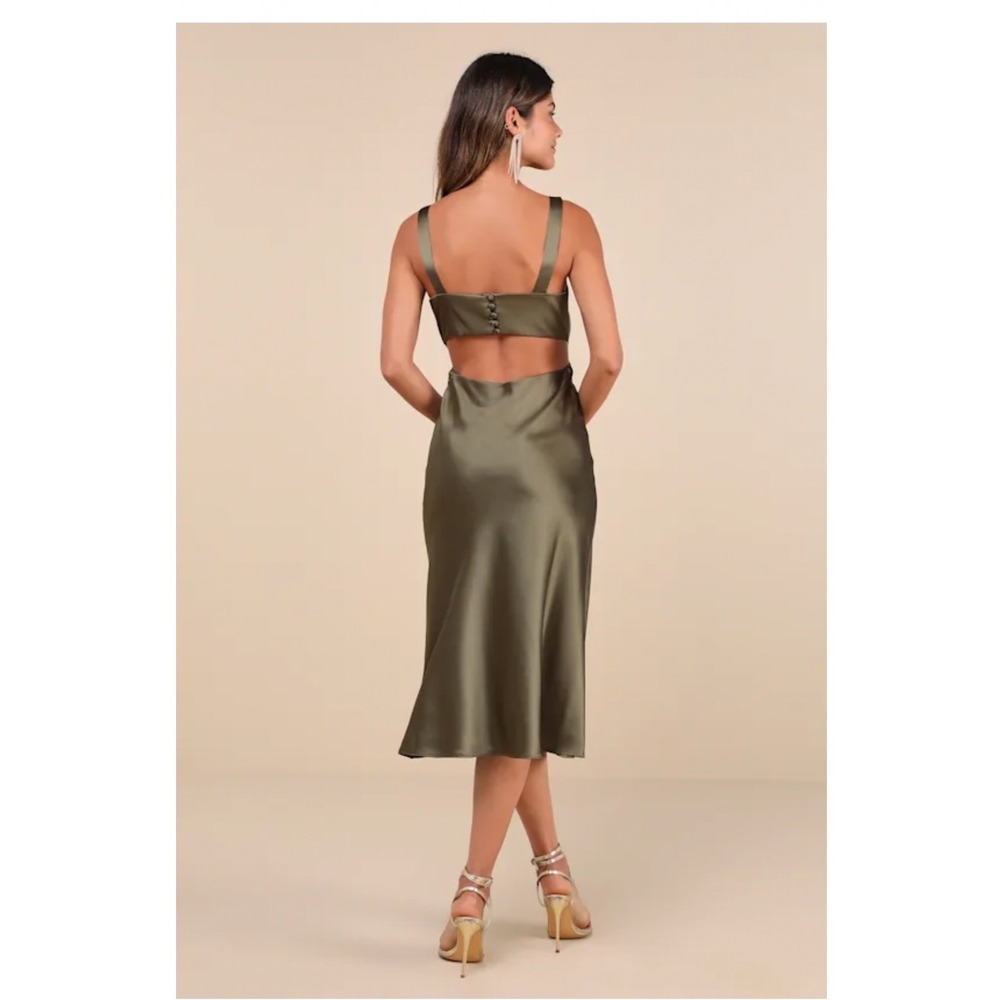 Lulus Unmatched Elegance Olive Green Satin Back Cutout Midi Dress Size Medium - Picture 2 of 11